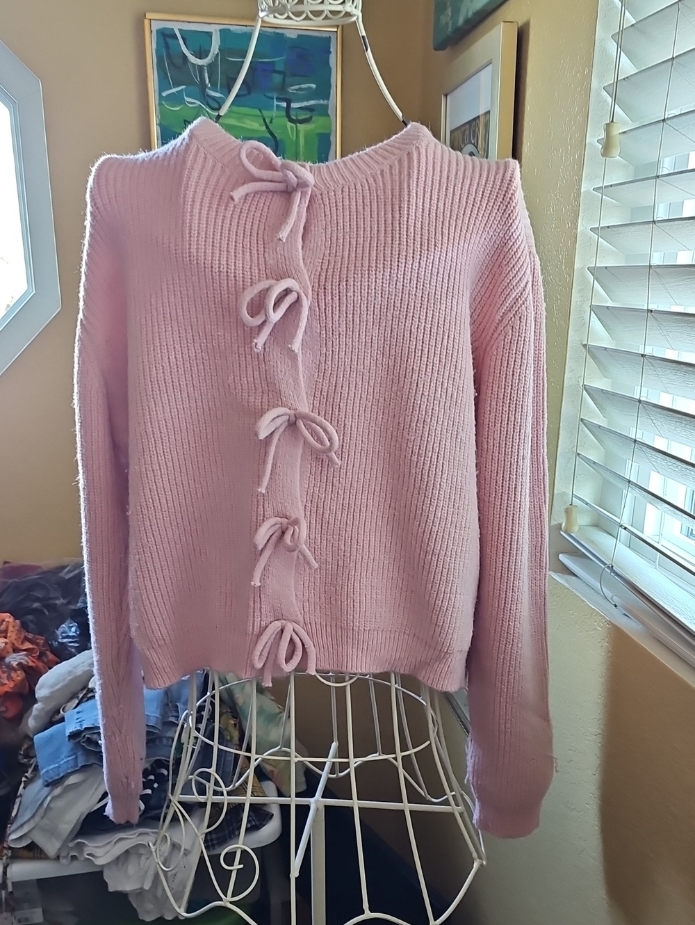 Petal & Pup Pastel Pink Bow-Front Scoopneck Sweater
